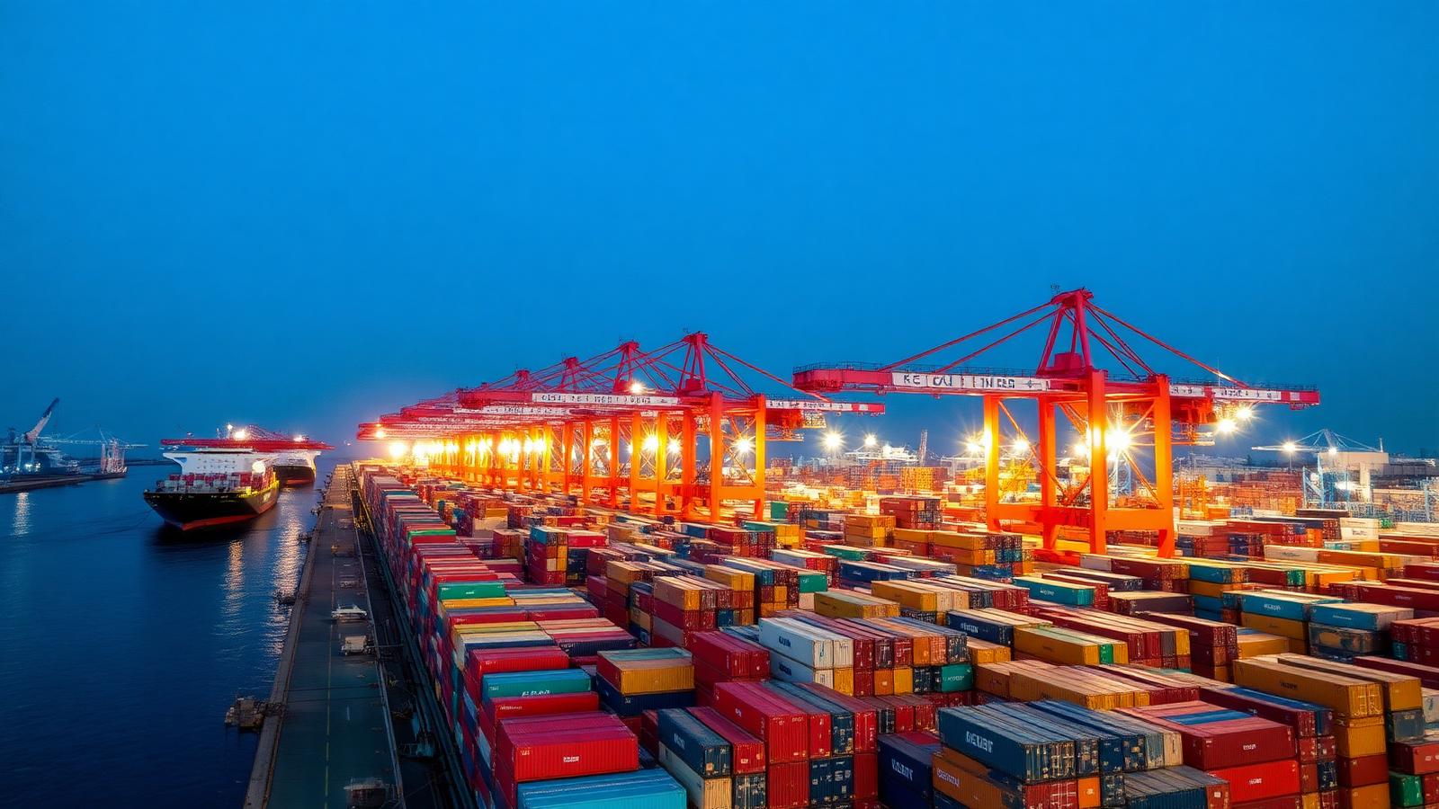 Shipping port with stacked containers